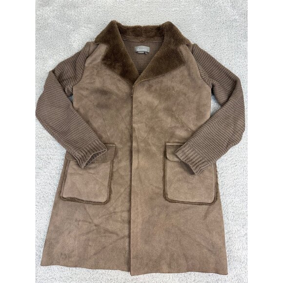 Anthropologie Womens M Taupe Faux Suede & Knit Long Coat W/Faux Shearling Collar - Picture 2 of 13